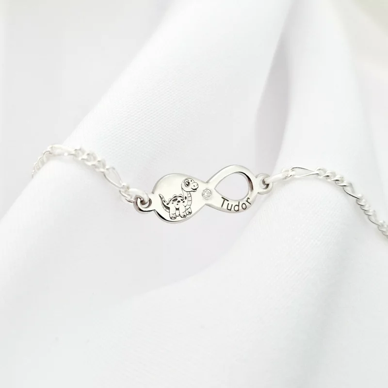 Végtelen Karkötő – Névvel és Dínóval - 925-ös Ródiumozott Ezüst - Kislány/Fiú Lánc