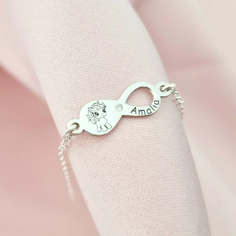 Végtelen Karkötő – Névvel és Unikornissal - 925-ös Ródiumozott Ezüst - Temészetesen Gyémánt - Kislány/Fiú Lánc