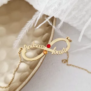 Végtelen Neves Nyaklánc - 2 Név - 18K Sárga Aranyozott 925 Sterling Ezüst  Swarovski Kristály - Körkapocs