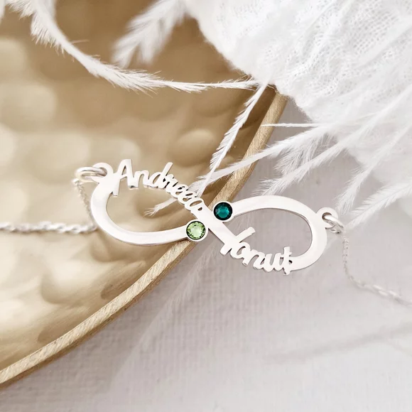 Végtelen Neves Nyaklánc - 2 Név - 925 Sterling Ezüst  Swarovski Kristály - Körkapocs