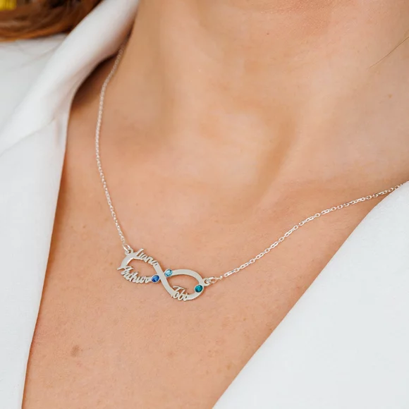 Végtelen Neves Nyaklánc - 3 Név - 925 Sterling Ezüst  Swarovski Kristály - Körkapocs