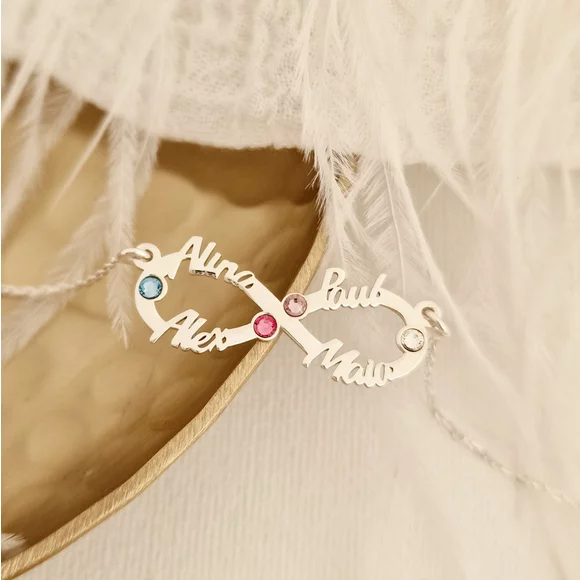 Végtelen Neves Nyaklánc - 4 Név - 925 Sterling Ezüst  Swarovski Kristály - Körkapocs