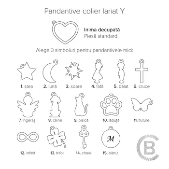Ezüst Lariat Y Nyaklánc 18K rozé arany bevonattal - 1 Szív és 3 Választott Elem - fekete zsinór