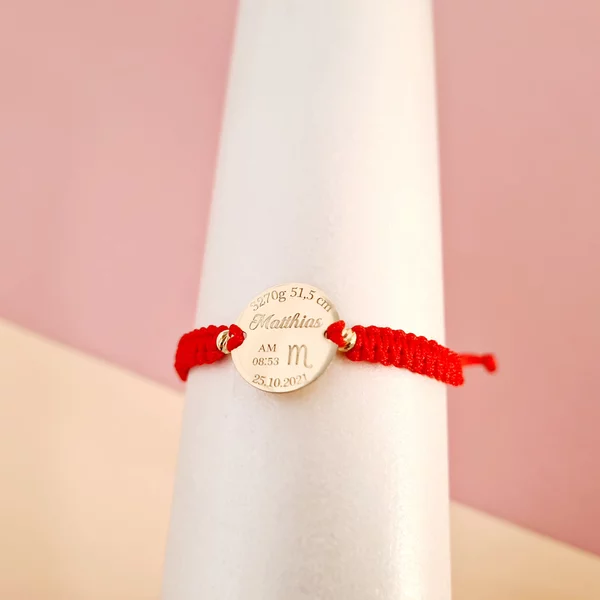 Bratara banut 15 mm - Marturie  Botez cu 2 bilute de 3 mm - Aur Galben 14k - Snur reglabil impletit de diverse culori