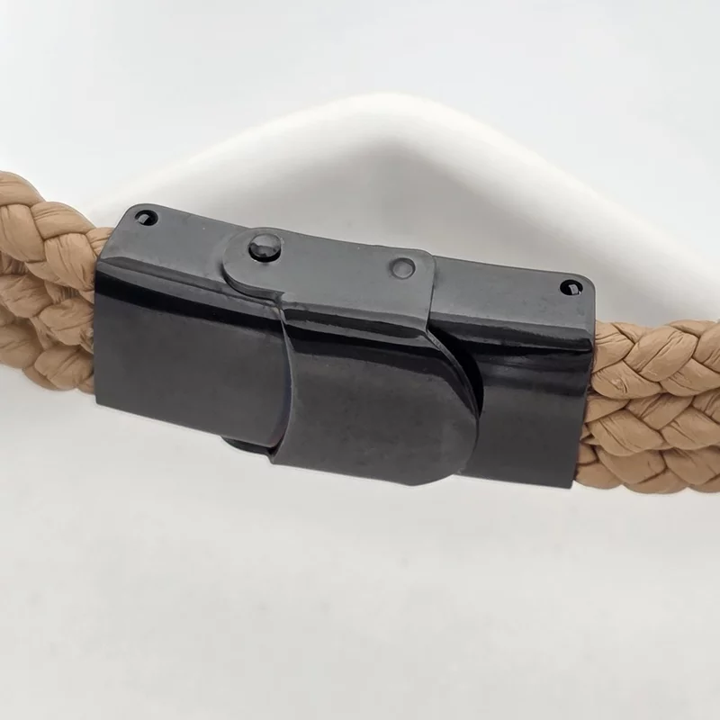 Bratara barbateasca cu element dreptunghiular din Inox negru - Piele maro în 3 straturi și închizatoare tip clips picture - 4