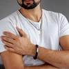 Bratara barbateasca - Inima si placuta personalizata - Aur Galben 9K - Piele lata impletita cu inchizatoare inox