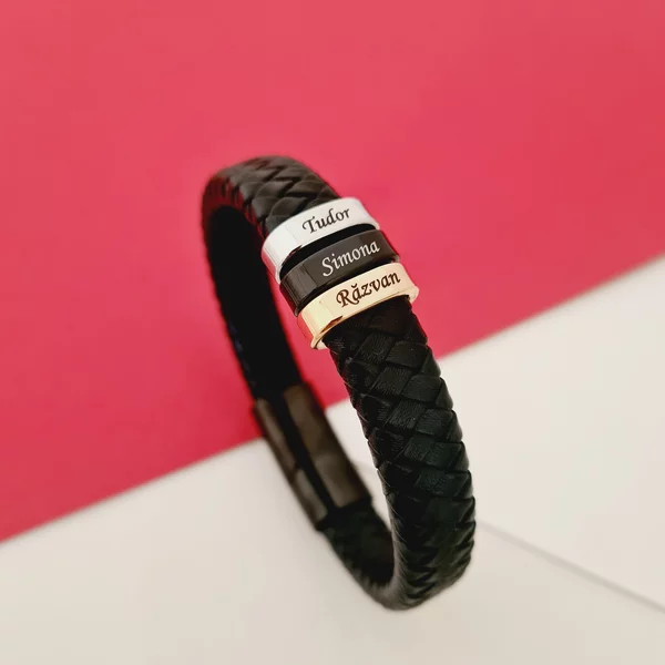 Bratara barbateasca Strength - Elemente ovale inox in 3 culori - Piele impletita neagra cu inchizatoare sigura din inox