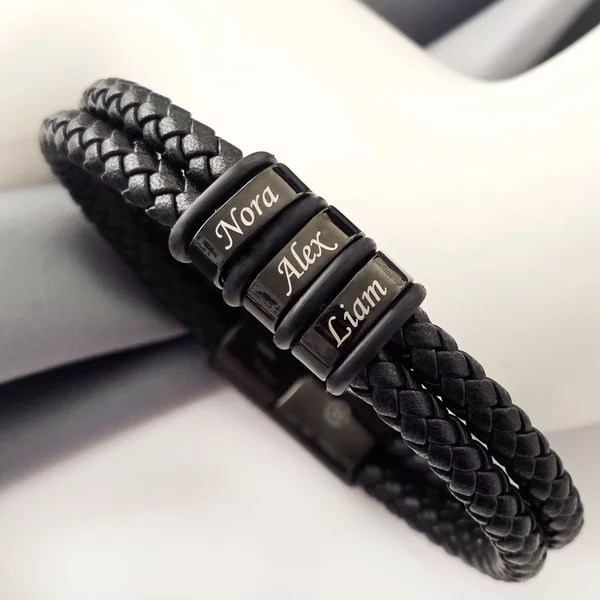 Bratara barbateasca Titan Dual - Piele impletita dubla & Elemente personalizate - Otel Inoxidabil 316L