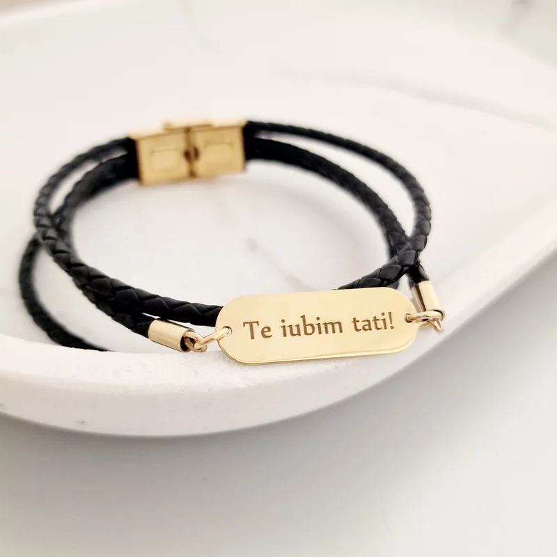 Bratara barbati - Placuta din Argint 925 placat cu Aur Galben 18K personalizata - 3 straturi de piele impletita - inchizatoare inox picture - 4