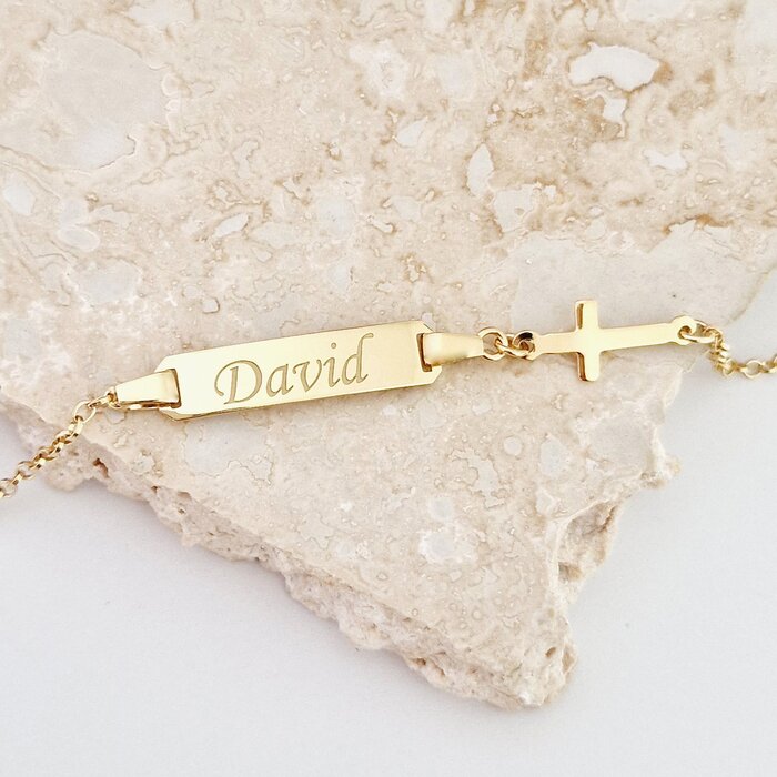 Bratara bebe - Placuta cu nume - Simbol cruciulita si lantisor - Argint 925 placat cu Aur Galben 18K