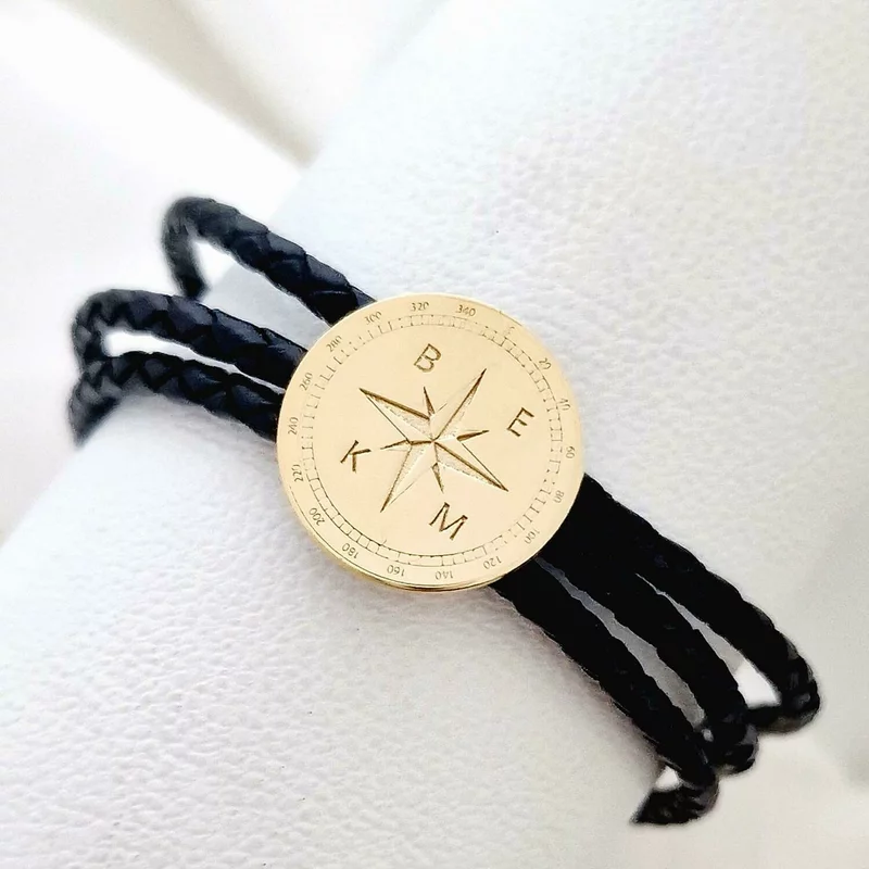 Bratara Busola Personalizata – Argint 925 Placat cu Aur 18K si Piele Naturala Impletita picture - 3