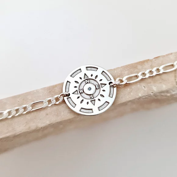 Bratara Busola Personalizata –cu Diamant Natural -  Argint 925 Rodiat si bratara barbati cu lant