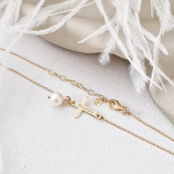 Bratara cruce cu picatura de Perla - Model cu lantisor elegant - Aur Galben 14K