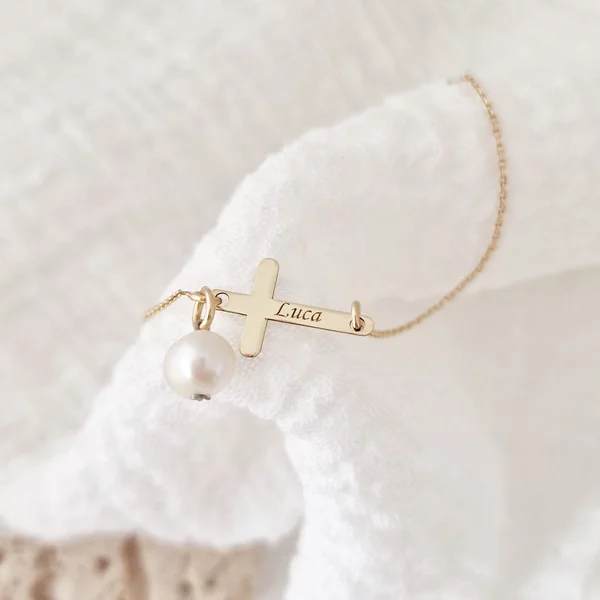 Bratara cruce cu picatura de Perla - Model cu lantisor elegant - Aur Galben 9K