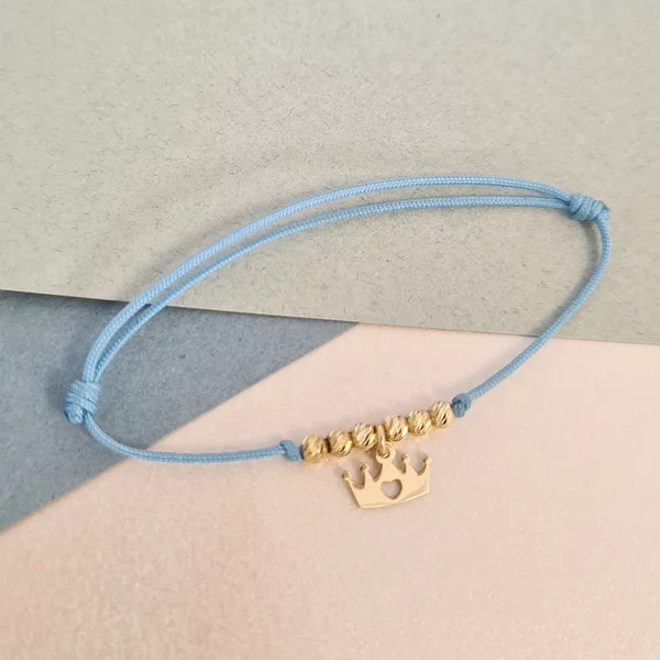 Bratara cu 6 bilute de 3 mm  si charm coronita cu inima decupata - Aur Galben 14K - Snur reglabil