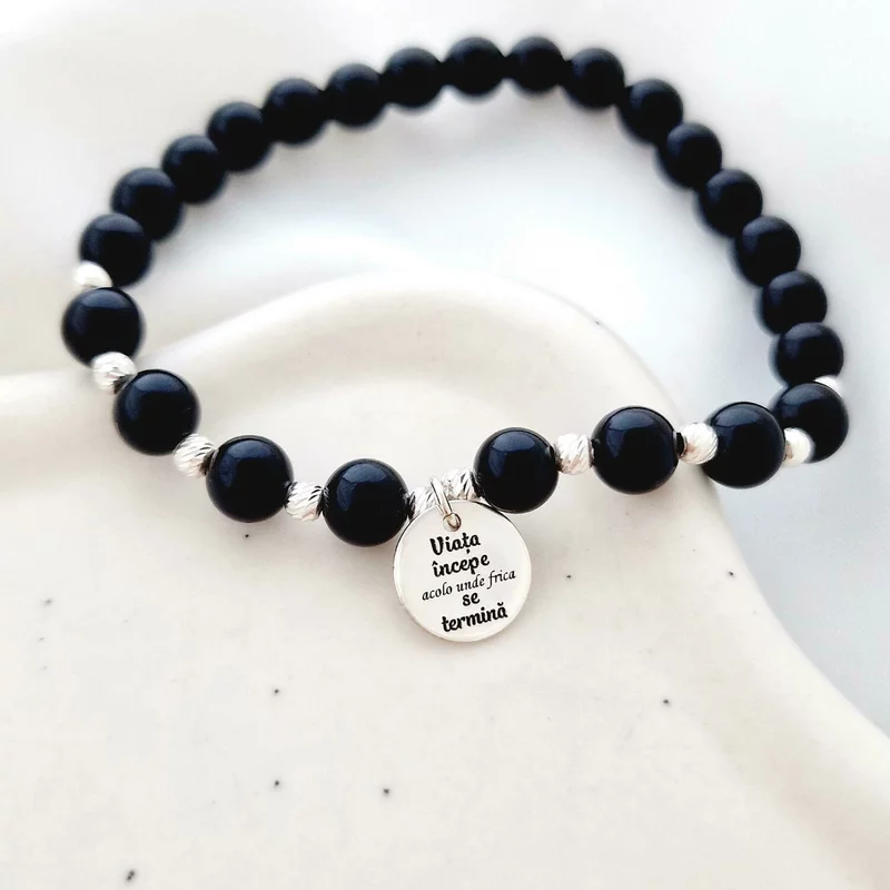 Bratara cu Mesaj Motivational - Pietre Onix - Bilute din Argint 925 - Snur elastic picture - 5