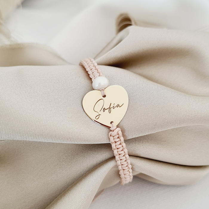 Chic Bijoux Bratara cu perla - nume soptit - model inima si 1 perla prinse intr-un snur impletit - aur galben 9k