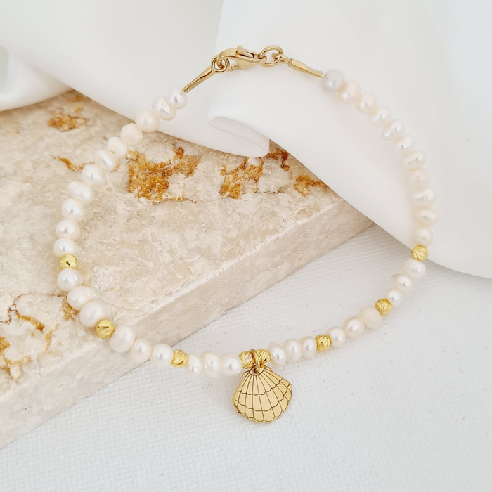 Bratara cu perle - charm scoica \ venus\ - model sirag perle cu 8 bilute - argint 925 placat cu aur galben 18k