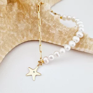 Bratara cu Perle si Diamant natural - Stella Marina - Model combinat cu perle si lantisor zale - Argint 925 placat cu Aur Galben 18K
