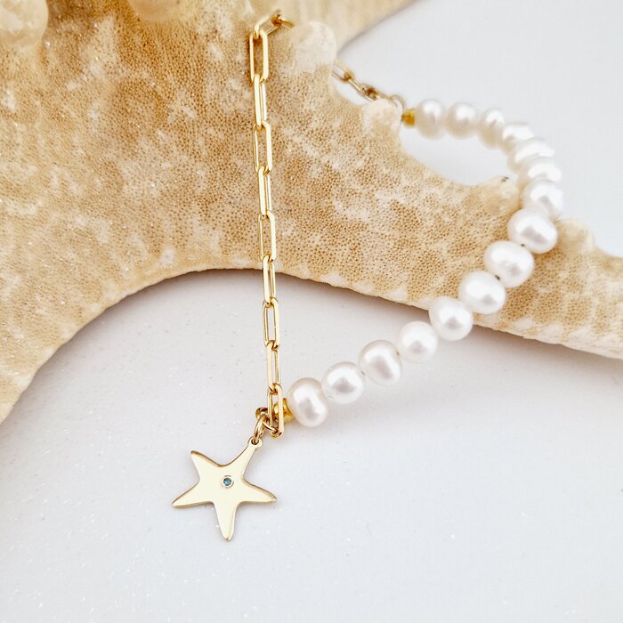 Bratara cu Perle si Diamant natural - Stella Marina - Model combinat cu perle si lantisor zale - Argint 925 placat cu Aur Galben 18K