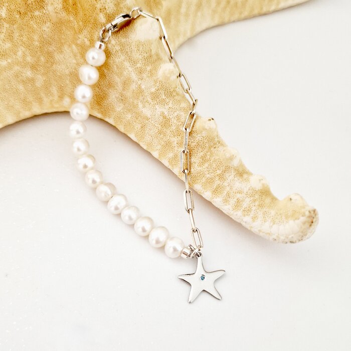 Bratara cu Perle si Diamant natural - Stella Marina - Model combinat cu perle si lantisor zale - Argint 925 Rodiat