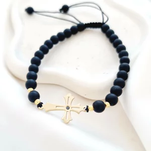 Bratara cu pietre Onix - Model Cruce cu Diamant Negru si Bilute - Argint 925 placat cu Aur galben 18K- Snur reglabil