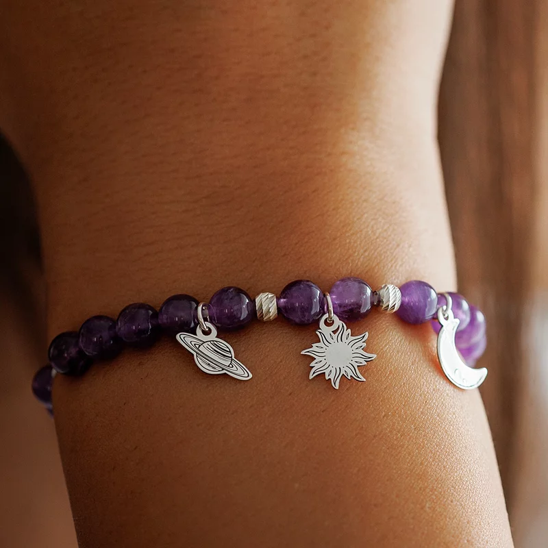 Bratara din Ametist si Talismane din Argint 925 - Luna, Soarele si Saturn - Snur elastic picture - 6