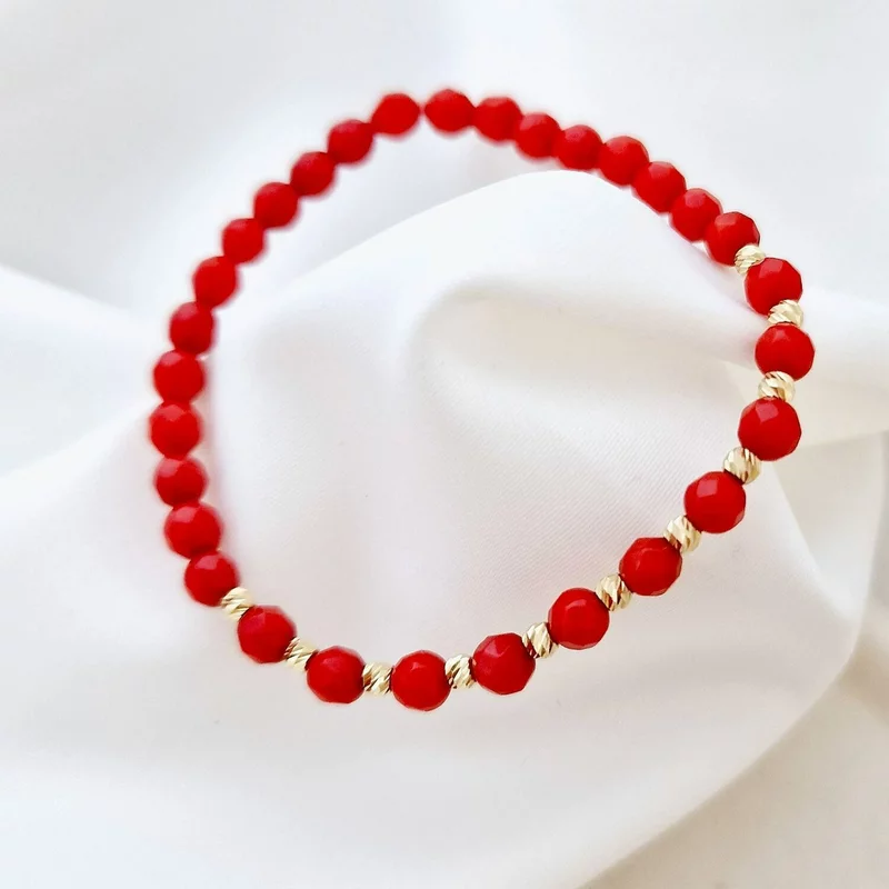Bratara din pietre de Coral si Bilute din Aur 14K - Snur elastic picture - 3
