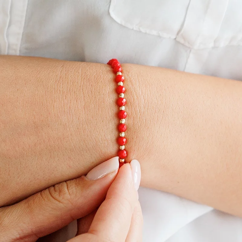 Bratara din pietre de Coral si Bilute din Aur 14K - Snur elastic picture - 2