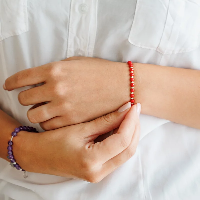 Bratara din pietre de Coral si Bilute din Aur 14K - Snur elastic picture - 5