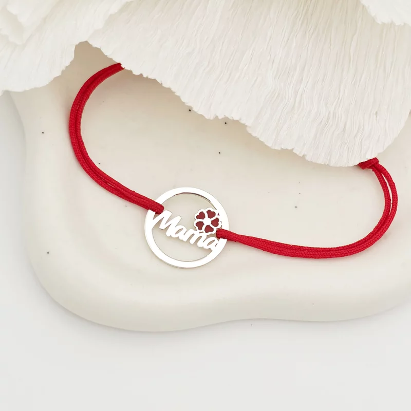 Bratara disc si nume decupat - Mama si floare cu email rosu - Argint 925 - Snur reglabil, diverse culori picture - 3