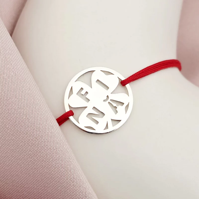 Bratara disc si trifoi cu patru foi - decupaj Fina - Argint 925 - Snur reglabil, diverse culori picture - 2