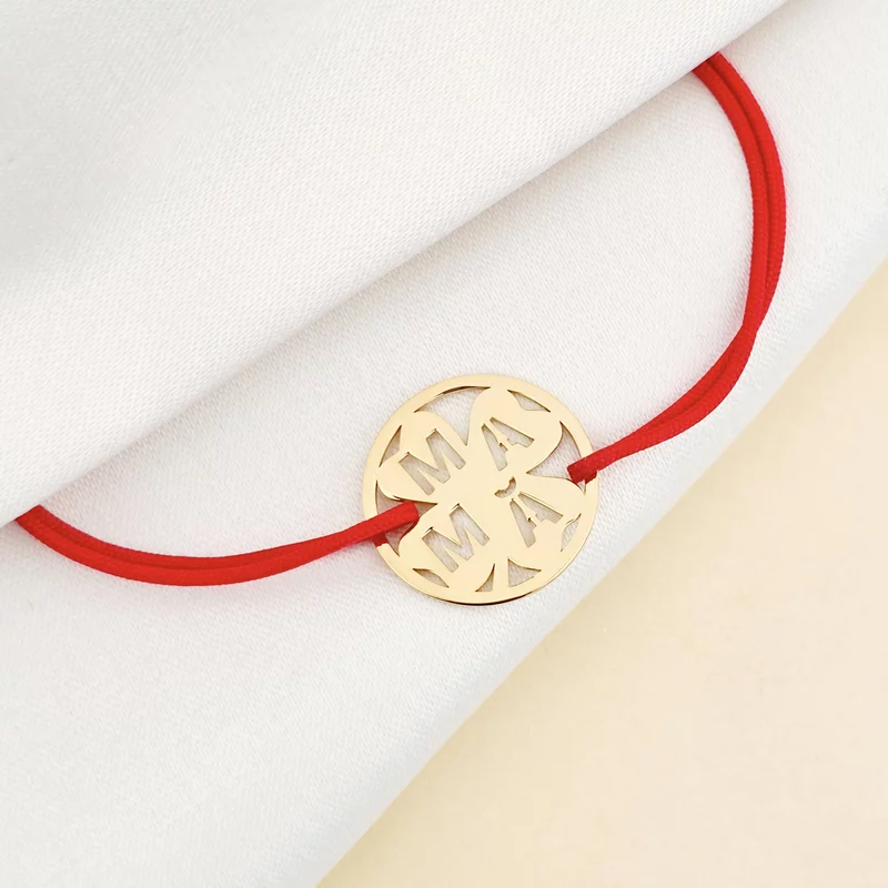 Bratara disc si trifoi cu patru foi - decupaj Mama - Argint 925 placat cu Aur Galben 18K- Snur reglabil, diverse culori picture - 2