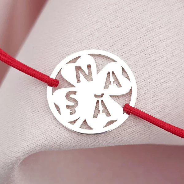 Bratara disc si trifoi cu patru foi - decupaj Nașă- Argint 925 - Snur reglabil, diverse culori