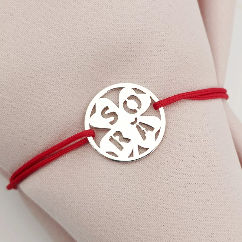 Bratara disc si trifoi cu patru foi - decupaj Sora - Argint 925 - Snur reglabil, diverse culori picture - 2