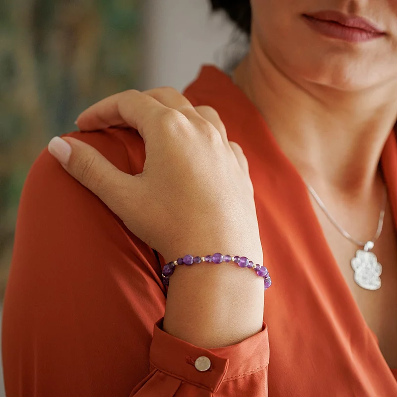 Bratara Eleganta din Ametist si Bilute din Aur 14K - Snur elastic picture - 4