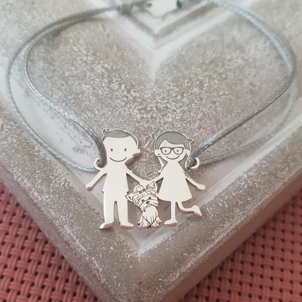 Bratara Familie - 3 Membri cu Yorkshire Terrier - Argint 925, snur reglabil