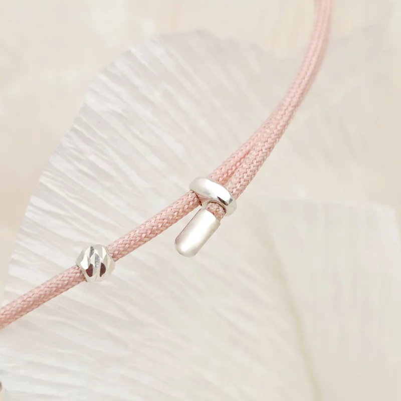 Brățara Floare cu 5 petale - Șnur roz Gros si 2 bilute - Argint 925 picture - 3