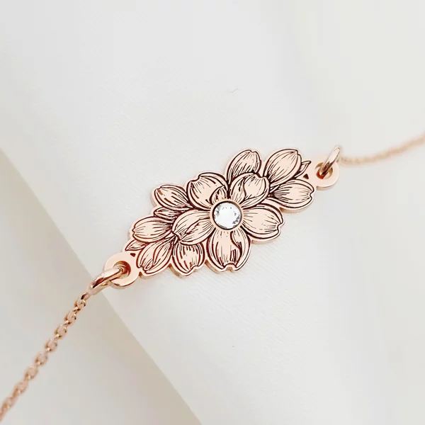 Bratara IMPREUNA - Floare sakura cu cristal Swarovski & lantisor - Argint 925 placat cu Aur Roz 18K