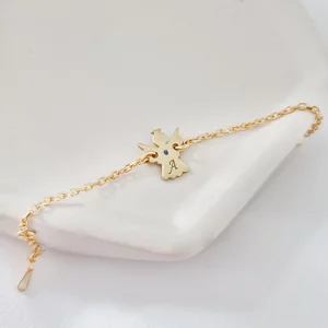 Bratara ingeras - personalizat cu initiala si Piatra pretioasa - Argint 925 placat cu Aur Galben 18K - Cu lantisor fata/baiat