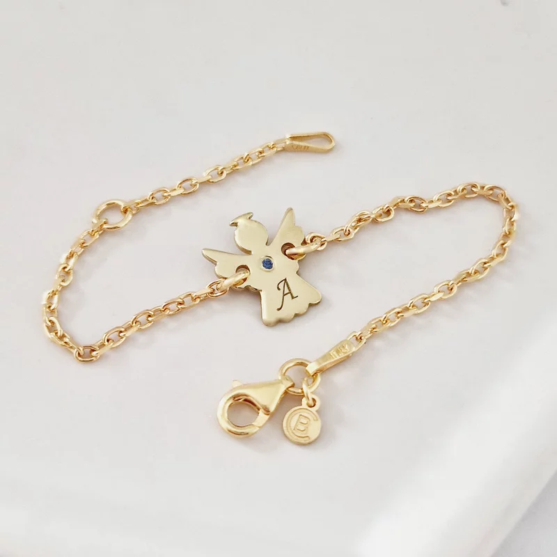 Bratara ingeras - personalizat cu initiala si Piatra pretioasa - Argint 925 placat cu Aur Galben 18K - Cu lantisor fata/baiat picture - 3