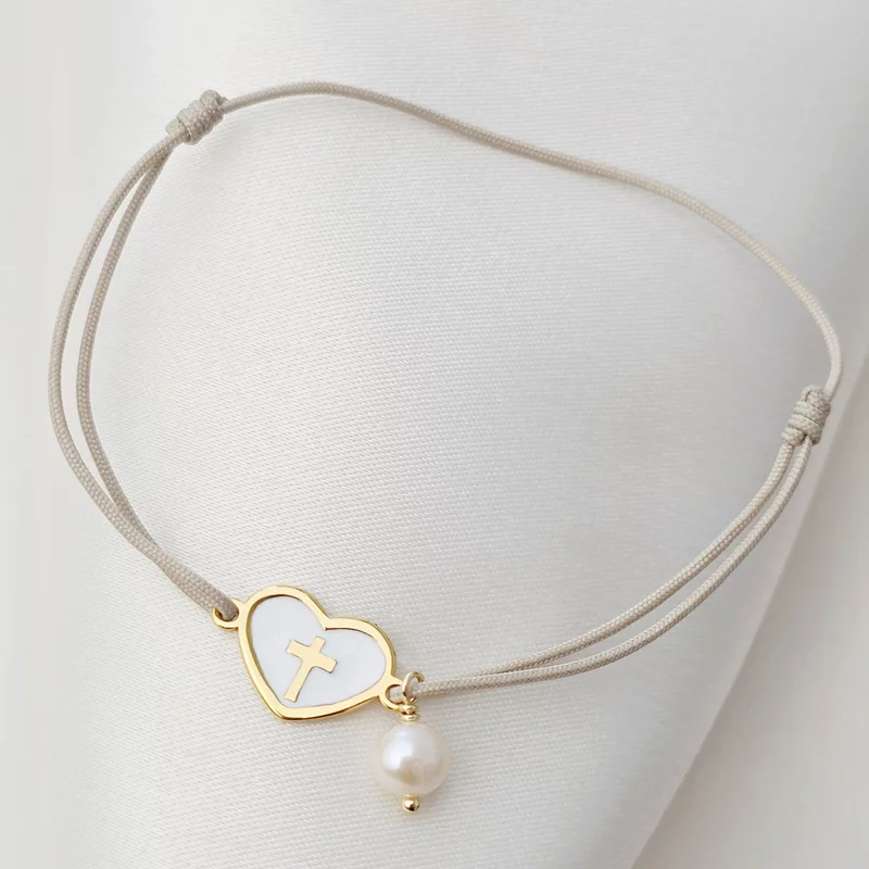 Bratara Inima pura - Bijuterie cu Har - Argint 925 placat cu Aur Galben 18K & Email alb - Snur reglabil picture - 2