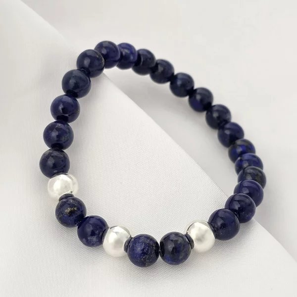 Bratara Intelepciune - Pietre Lapis Lazuli de 8 mm - Bilute din Argint 925 - Snur elastic