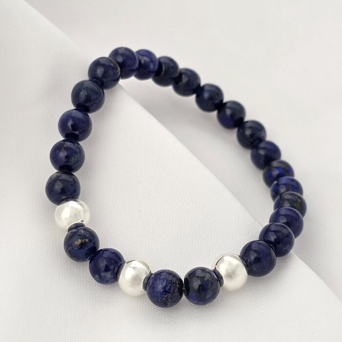 Bratara Intelepciune - Pietre Lapis Lazuli de 8 mm - Bilute din Argint 925 - Snur elastic