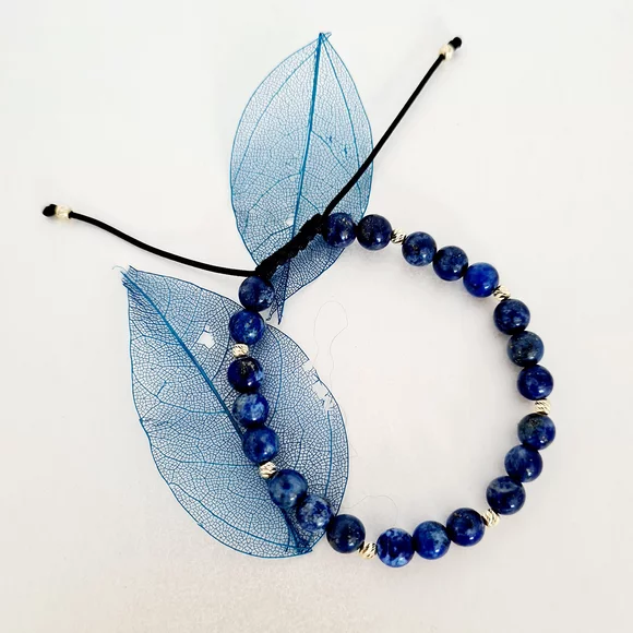 Bratara Intelepciune - Pietre Lapis Lazuli - Bilute din Aur 14K - Snur negru rezistent si reglabil