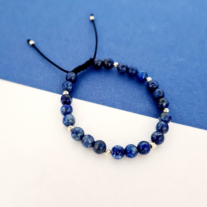 Bratara Intelepciune - Pietre Lapis Lazuli - Bilute din Aur 14K - Snur negru rezistent si reglabil image10