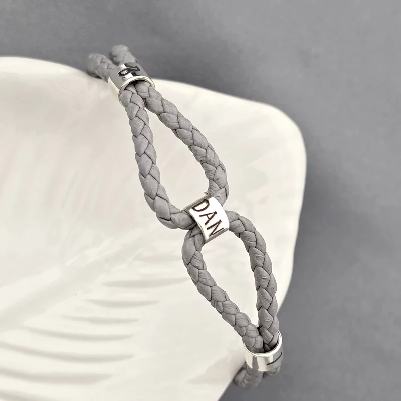 Bratara model barbatesc - cu piele gri impletita - cilindrii cu gravura personalizata din Argint 925 - Inchizatoare inox picture - 3