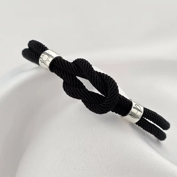 Bratara model barbatesc - cu snur negru gros impletit - cilindrii cu gravura personalizata din Argint 925 - Inchizatoare inox