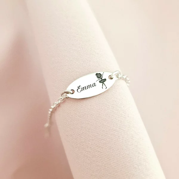 Bratara oval simbol balerina - Nume personalizat - Argint 925  - Cu lantisor fata/baiat