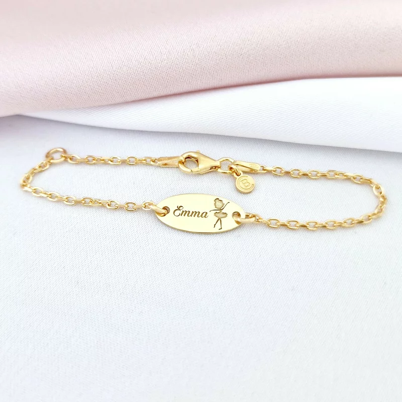 Bratara oval simbol balerina - Nume personalizat - Argint 925 placat cu Aur Galben 18K - Cu lantisor fata/baiat picture - 4